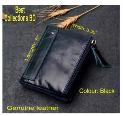 Black 100% Original Leather Card Holder and Two Zipper Pockets Wallet for Men