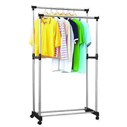 Folding Double Clothes and Shoe Rack - Silver and Black