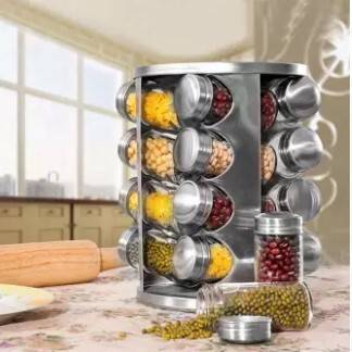 16 Pieces Rotating Stainless Steel Glass Spice Jar Rack