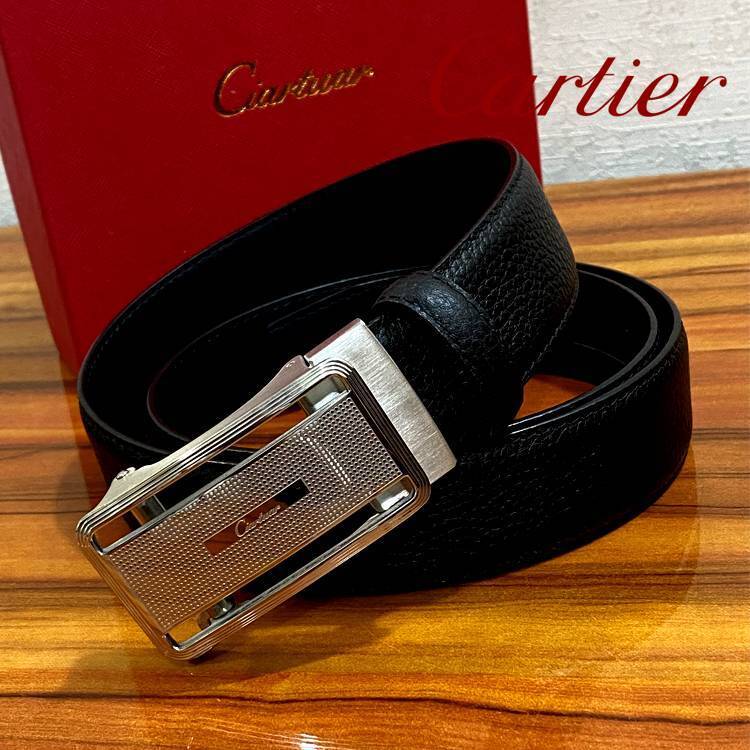 Black Cartier Silver Square Shape Buckle Genuine Leather Belt For Men