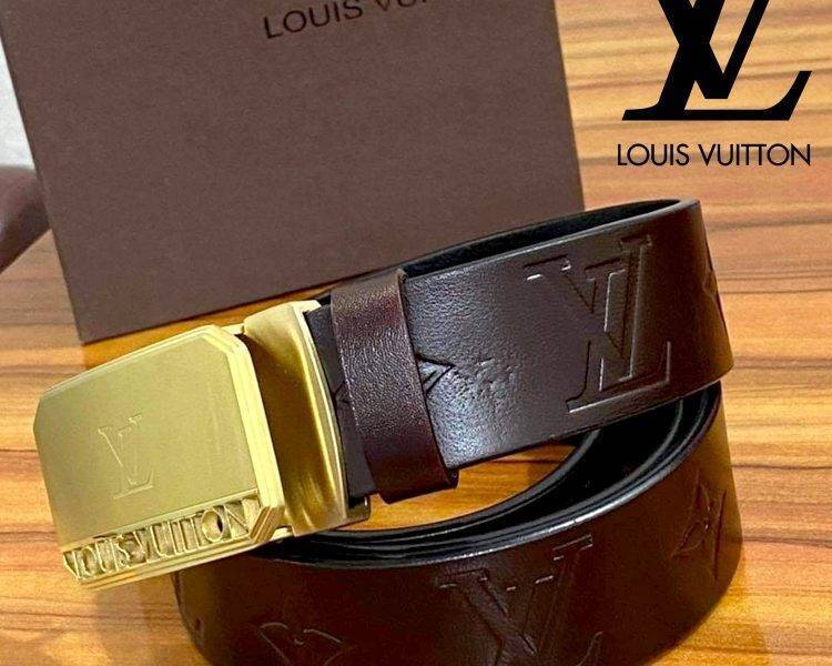 Chocolate Luxurious Louis Vuitton Genuine Leather Golden Buckles Belt For Men