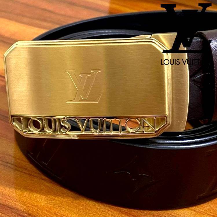 Chocolate Luxurious Louis Vuitton Genuine Leather Golden Buckles Belt For Men, 2 image