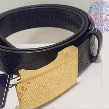 Versace Black Band Golden Buckle Genuine Leather Belt For Men, 2 image