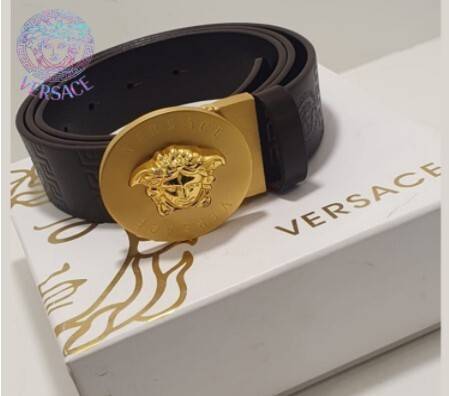 Versace Black Band Golden Round Shape Buckle Genuine Leather For Men, 2 image