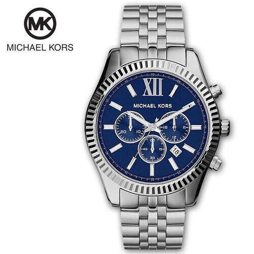 Michael Kors Lexington Chronograph Navy Dial Silver Band Stainless Steel Mens Watch-MK8280