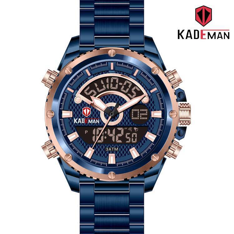 Kademan 6126G Dual Time Blue Dial Blue Stainless Steel Band Mens Watch