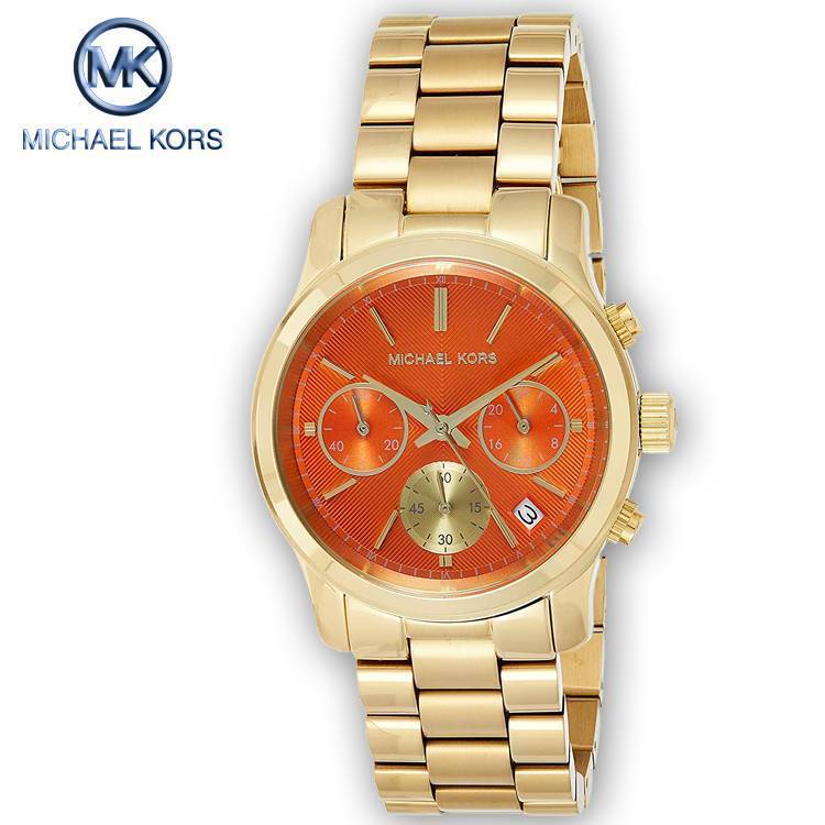 Michael Kors Runway Chronograph Orange Dial Gold-Tone Band Stainless Steel Ladies Watch-MK6162