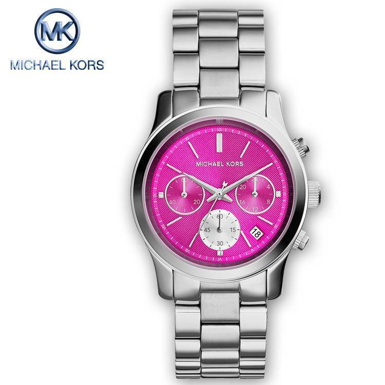 Michael Kors Runway Chronograph Pink Dial Stainless Steel Band Ladies Watch-MK6160