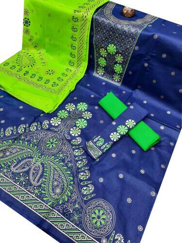 Afsana Printed Comfortable Cotton Three Piece For Women -Parrot Green & Blue