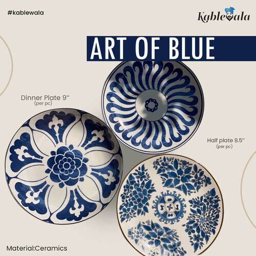 Art of Blue Ceramics Dinner Plate 9 Inch, Half Plate floral 8.5 Inch & Half Plate Sunflower 8.5 Inch Set