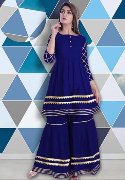 Ready made Golden lace fitted Work Kameez and Palazzo Set for woman- Navy Blue