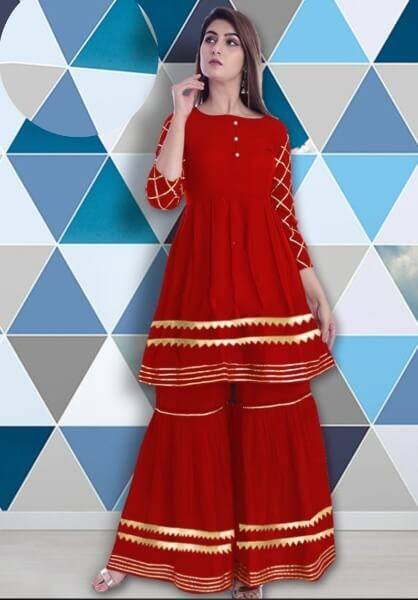 Ready made Golden lace fitted Work Kameez and Palazzo Set for woman- Red