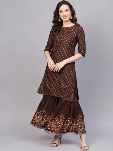 Unstitched silk printed two piece- Chocolate