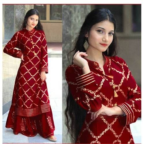 Unstitched silk printed Red two piece