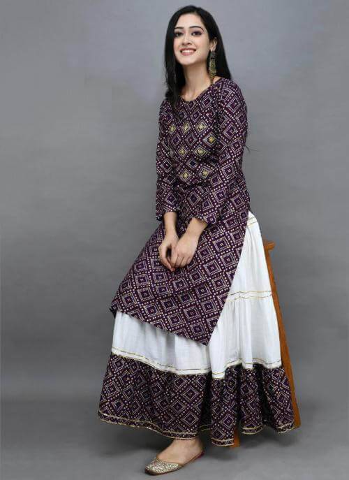 High Quality Printed With Dollar Work Readymade Skirt & Unstitched Kameez- Dark Purple