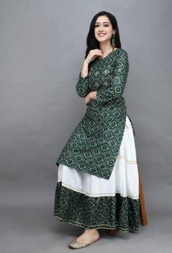 High Quality Printed With Dollar Work Readymade Skirt & Unstitched Kameez- Green