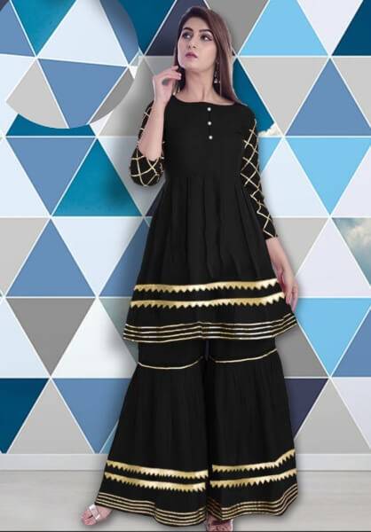 Ready made Golden lace fitted Work Kameez and Palazzo Set for woman- Black