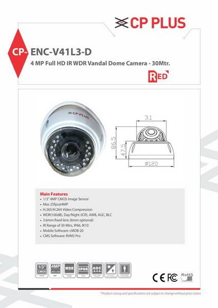 CP Plus CP-ENC-V41L3-D 4 MP Full HD IR WDR Vandal Dome Camera 30 Mtr, 4 image