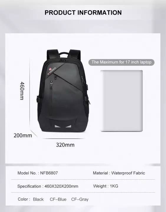 NAVIFORCE B6807 Quality Nylon Waterproof Travel Backpacks Fashion Multifunction Large Capacity and USB (SIZE 19 INCH), 3 image