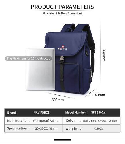 NAVIFORCE NFB6802 Black Waterproof Mens Backpack with Separate Laptop Compartment Sport Business Bag - Black, 8 image