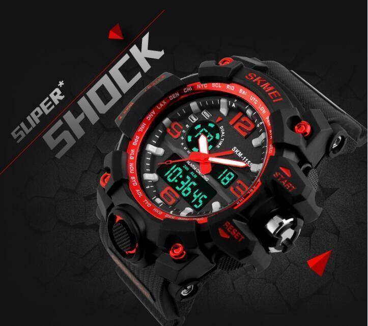 SKMEI 1155B Black PU Dual Time Sport Watch For Men - Red & Black, 3 image