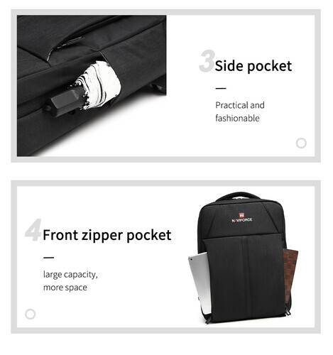 NAVIFORCE B6809 Fashion Casual Men's Backpacks Large Capacity Business Travel USB Charging Bag - Black, 7 image