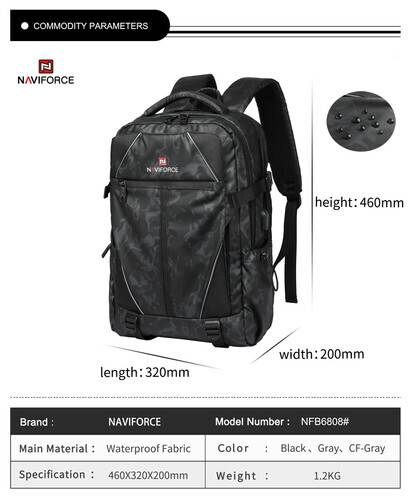 NAVIFORCE B6808 Fashion Casual Men's Backpacks Large Capacity Business Travel USB Charging Bag - CF Gray, 3 image