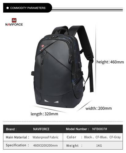 NAVIFORCE B6807 Quality Nylon Waterproof Travel Backpacks Fashion Multifunction Large Capacity and USB - CF Blue, 4 image