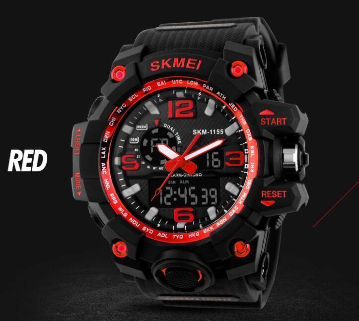 SKMEI 1155B Black PU Dual Time Sport Watch For Men - Red & Black, 5 image