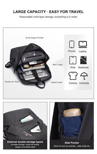 NAVIFORCE B6804 School Bag 16 inch Laptop USB Rucksack Anti Theft Men Backbag Travel - Black, 5 image