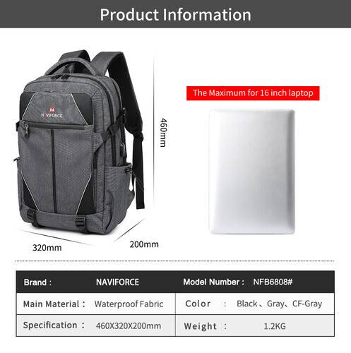 NAVIFORCE B6808 Fashion Casual Men's Backpacks Large Capacity Business Travel USB Charging Bag - Gray, 3 image