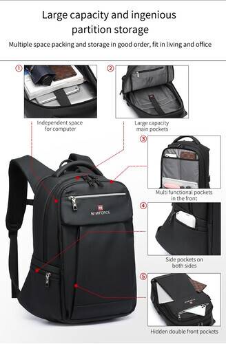 NAVIFORCE B6805 Fashion Men's Backpacks Large Capacity Business Casual Travel with USB - Black, 7 image