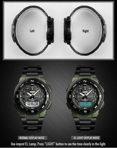 SKMEI 1370 Black Stainless Steel Dual Time Watch For Men - Army Green & Black, 3 image