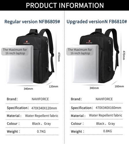 NAVIFORCE B6810 Fashion Casual Men's Backpacks Large Capacity Business Travel USB Charging Bag - Black, 12 image