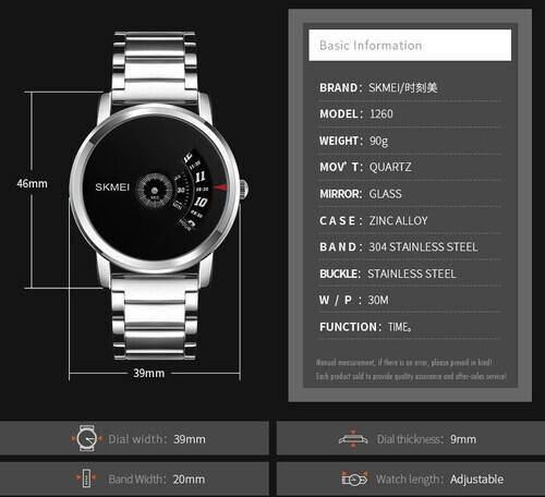 SKMEI 1260 Silver Stainless Steel Analog Watch For Men Black Silver Kablewala Bangladesh