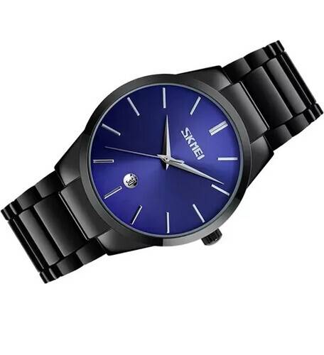 SKMEI 9140 Black Stainless Steel Analog Luxury Watch For Men - Royal Blue & Black, 3 image