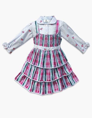 White Flower Print & Purple Check Tunic Cotton Frock For Girl FL-114, Baby Dress Size: 7-8 years