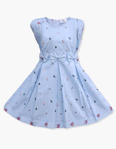Sky Colour & Flower Print Cotton Frock For Girls SF-553, Baby Dress Size: 10-11 years