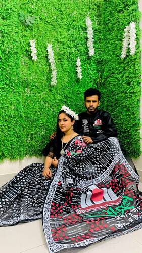 Half Silk Saree Screen Print Work Without Blouse PS 12hath Saree & With Panjabi Couple Dress, Size: 38, 2 image