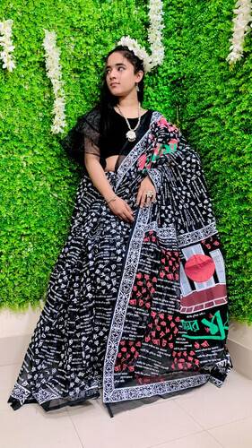 Half Silk Saree Screen Print Work Without Blouse PS 12hath Saree & With Panjabi Couple Dress, Size: 38, 3 image