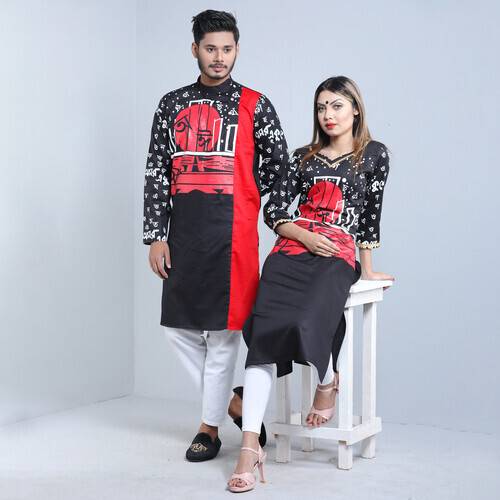 21st February Special Couple Panjabi & Kameez 17883P-Black & Red, Size: 36, 2 image