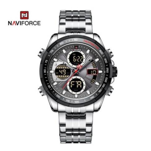 Naviforce NF9197 Silver Stainless Steel Dual Time Watch For Men - Black ...