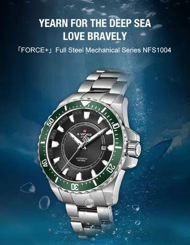 Naviforce NFS1004 Silver Stainless Steel Automatic Watch For Men - Green & Silver, 3 image