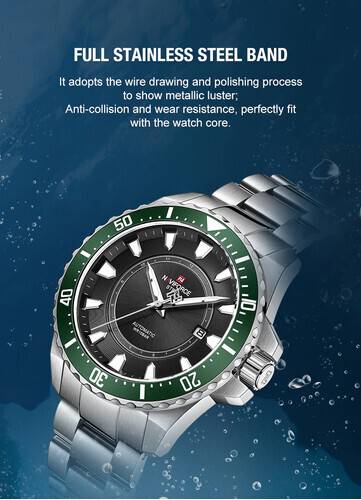 Naviforce NFS1004 Silver Stainless Steel Automatic Watch For Men - Green & Silver, 13 image