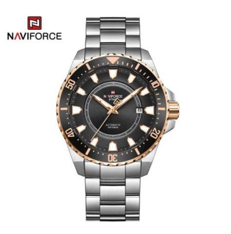 Naviforce NFS1004 Silver Stainless Steel Automatic Watch For Men - Black & RoseGold