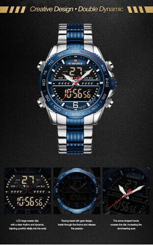 Naviforce NF9195 Silver And Royal Blue Stainless Steel Dual Time Watch For Men - Royal Blue & Silver, 5 image
