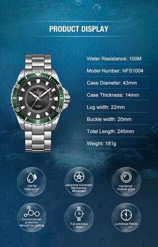 Naviforce NFS1004 Silver Stainless Steel Automatic Watch For Men - Green & Silver, 4 image