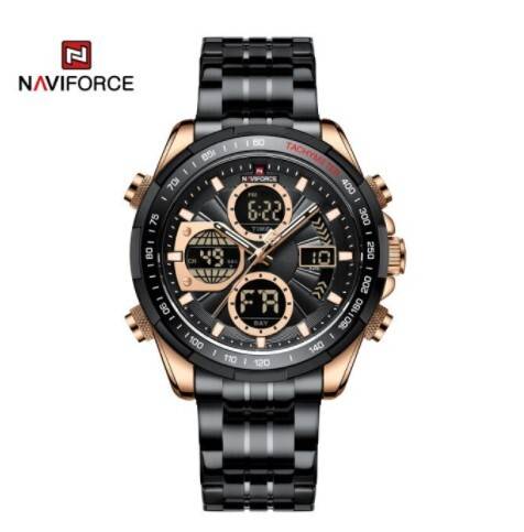 Naviforce NF9197 Black Stainless Steel Dual Time Watch For Men - RoseGold & Black