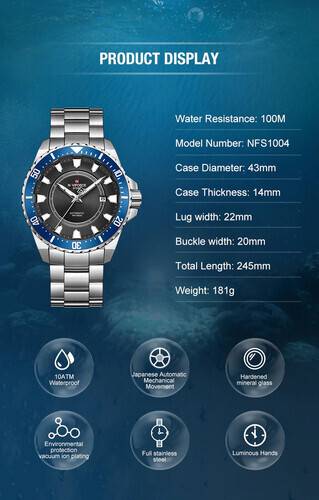 Naviforce NFS1004 Silver Stainless Steel Automatic Watch For Men - Royal Blue & Silver, 4 image