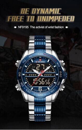 Naviforce NF9195 Silver And Royal Blue Stainless Steel Dual Time Watch For Men - Royal Blue & Silver, 3 image